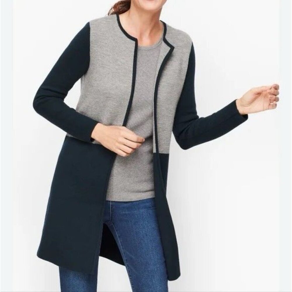 Talbots Merino Wool Blend Gray Blue Open Long Womens Cardigan Sweater Size Large - Picture 3 of 10